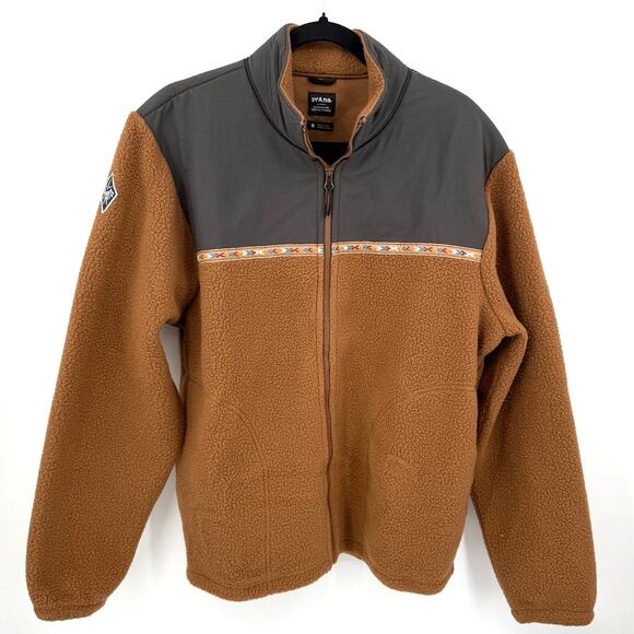 NWT prAna Hurricane FZ Fleece Full Zip Up Jacket Lined Aztec Brown Gray Size M